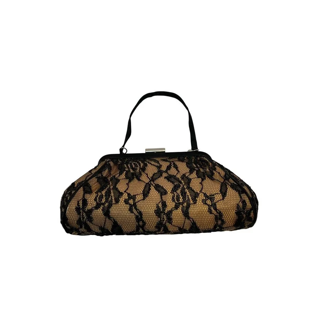 VTG Black Lace Overlay Gold Evening Clutch Handbag Elegant Metallic Kiss Clasp - Picture 3 of 16